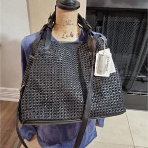 PLATANIA Italian leather black basketweave woven hobo‎ crossbody bag purse